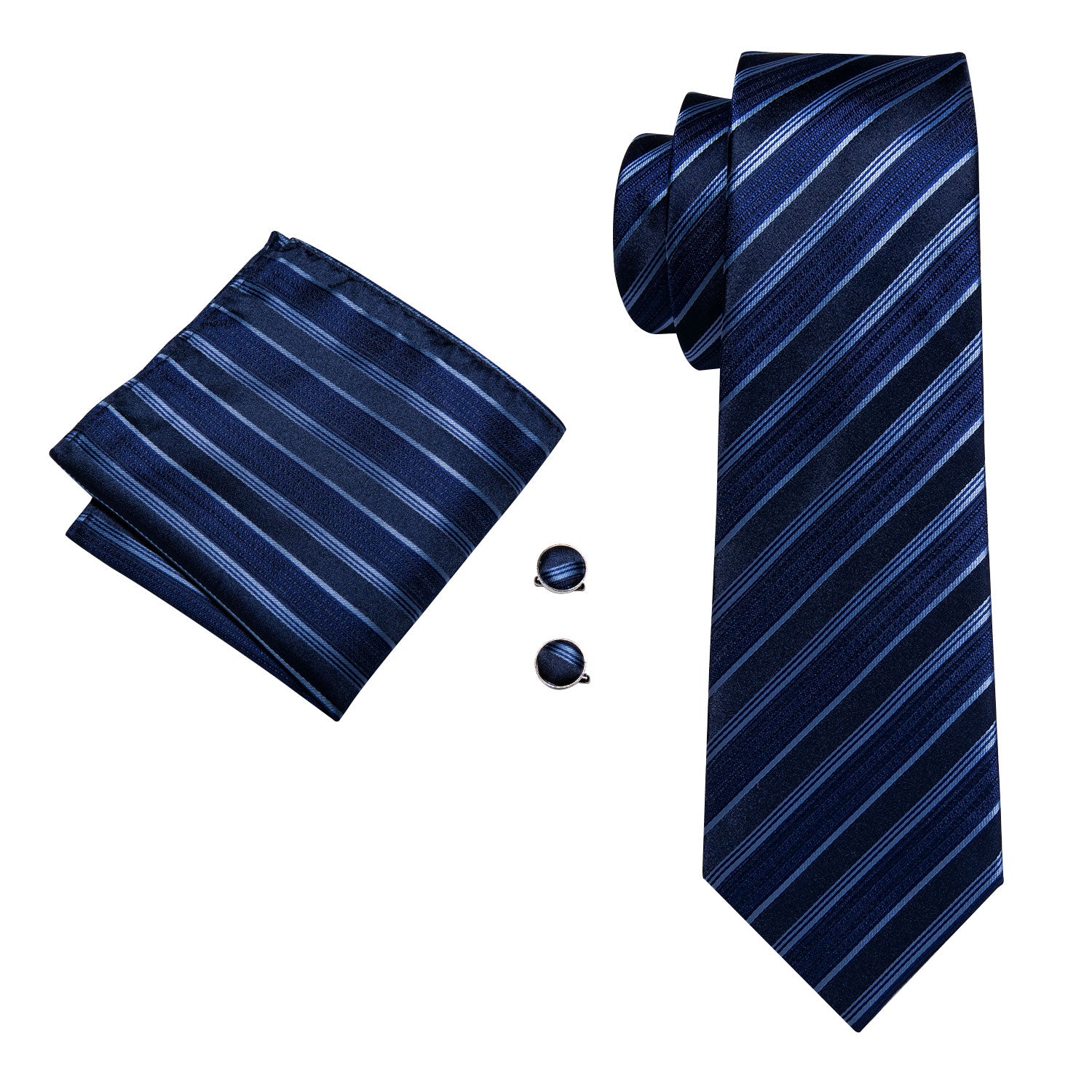 Deep Blue Striped Silk Men Tie Pocket Square Cufflinks Set