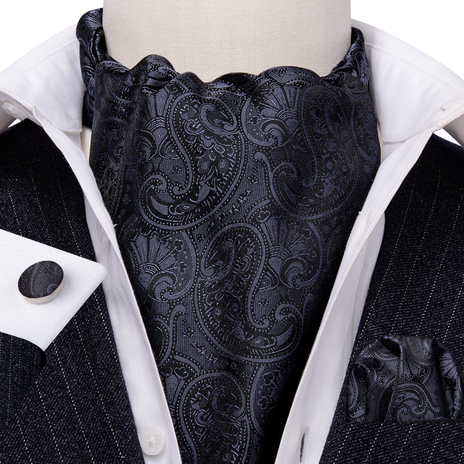 Black Floral Ascot Handkerchief Cufflinks