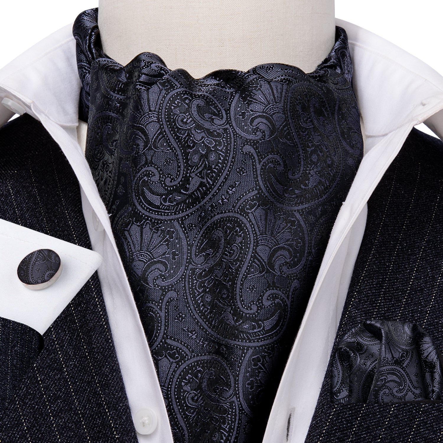 Men's Neck Tie Black Floral Ascot Handkerchief Cufflinks