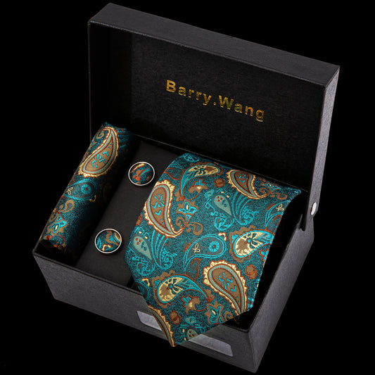 Barry. Wang Green Brown Paisley Necktie Alloy Lapel Pin Brooch Pocket Square Cufflinks Gift Box Set