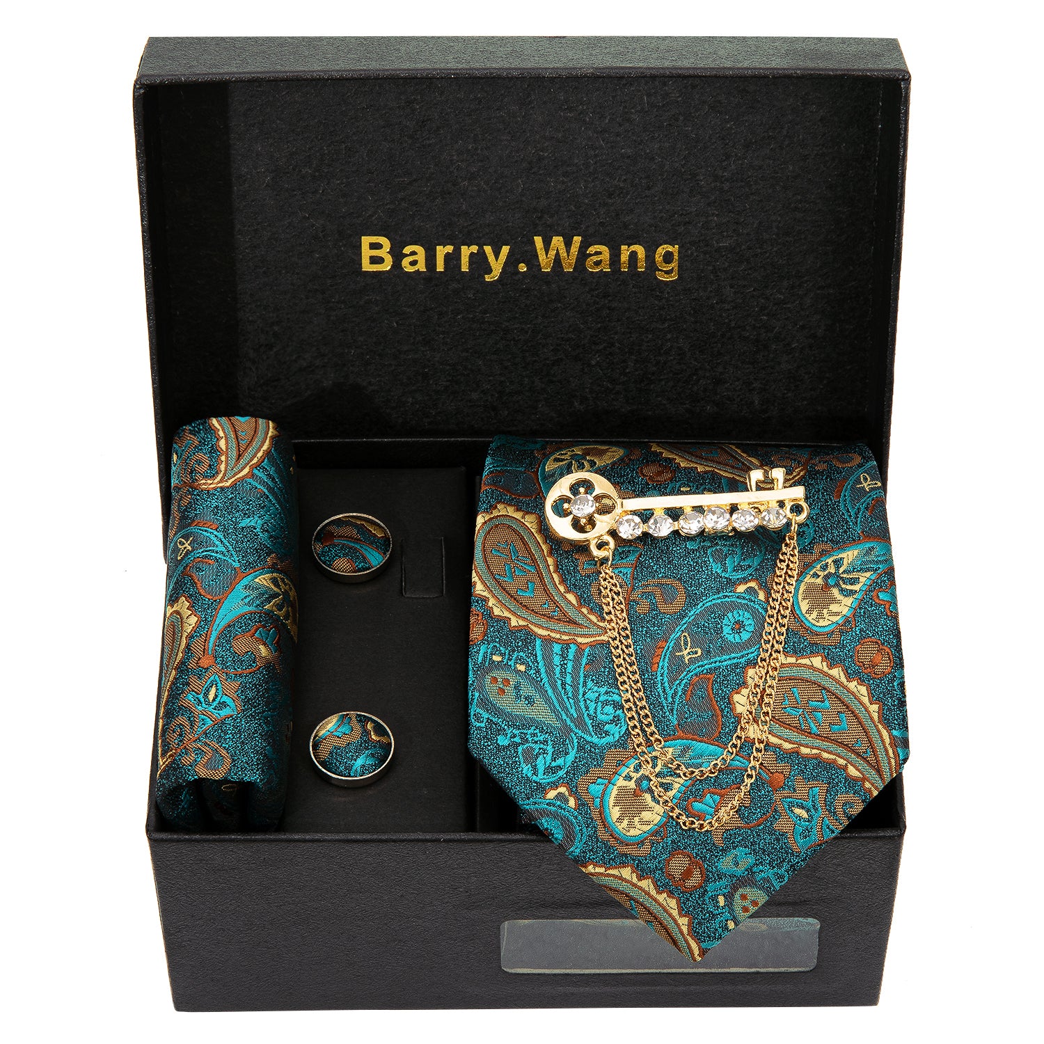 Barry Wang Green Brown Paisley Necktie Alloy Lapel Pin Brooch Pocket Square Cufflinks Gift Box Set