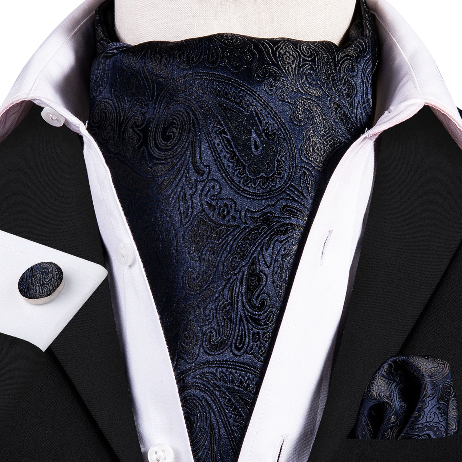 Black and Deep Blue Paisley Ascot Handkerchief Cufflinks