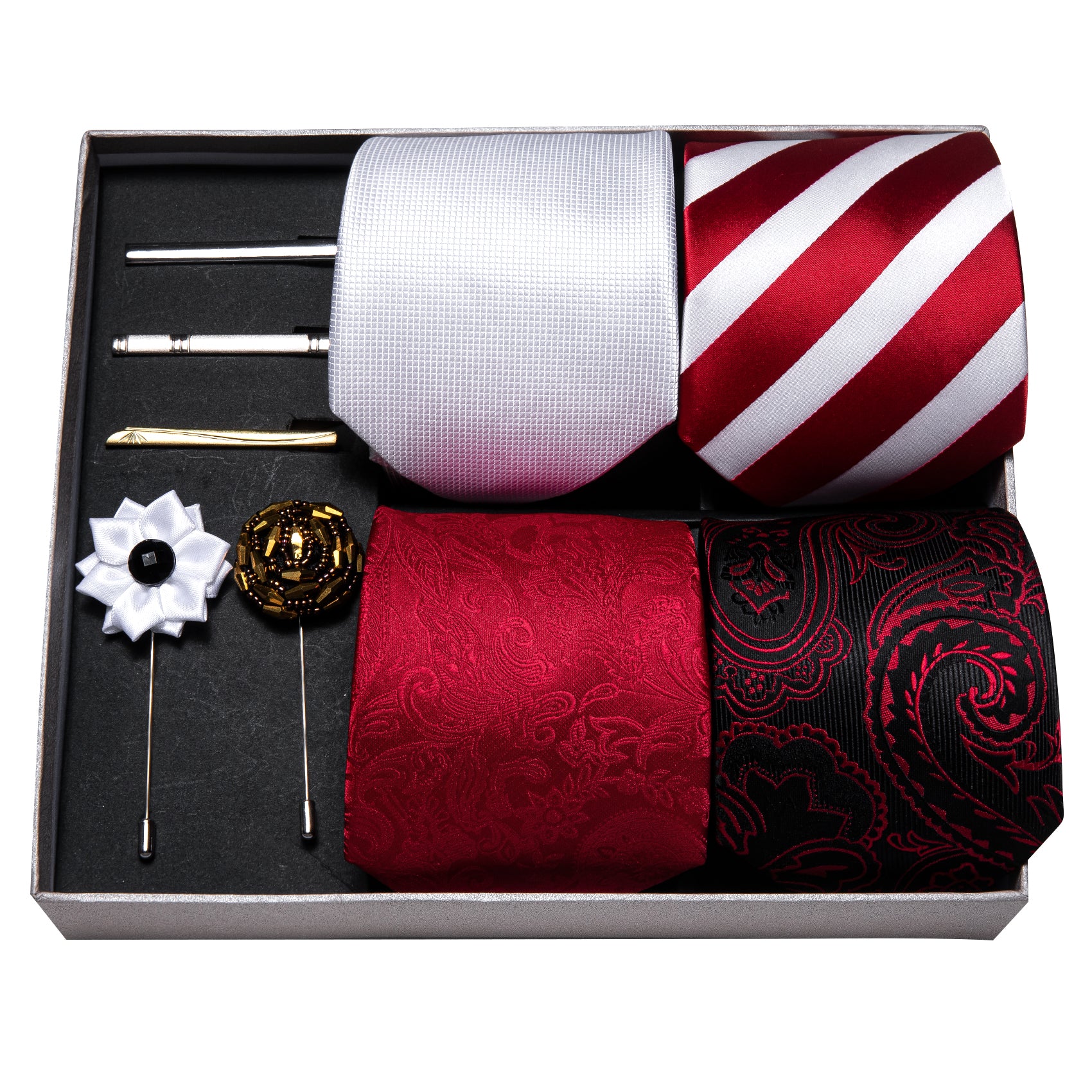 4pcs Men Tie White Red Silk Men Wedding Tie Hanky Clip Lapel Pin Gift Box Set