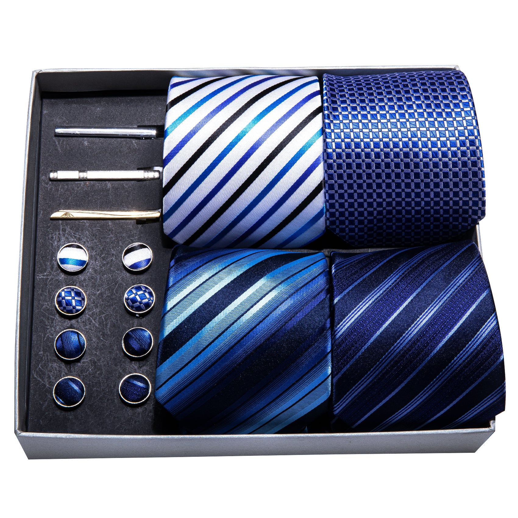 4pcs Men Tie Blue Striped Plaid Silk Mens Wedding Tie Hanky Clip Gift Box Set