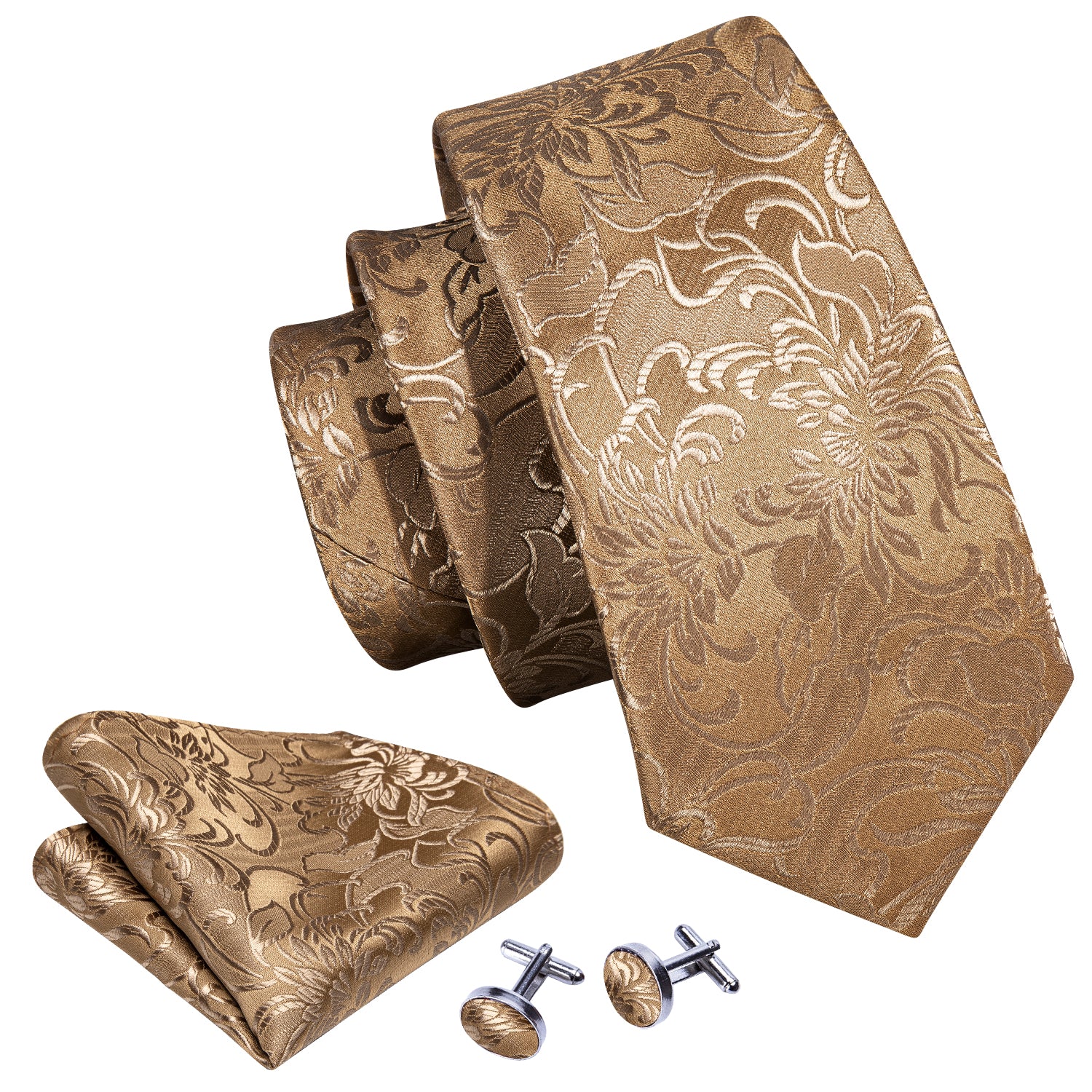 Barry.wang Champagne Tie Gold Floral Tie Pocket Square Cufflinks Set