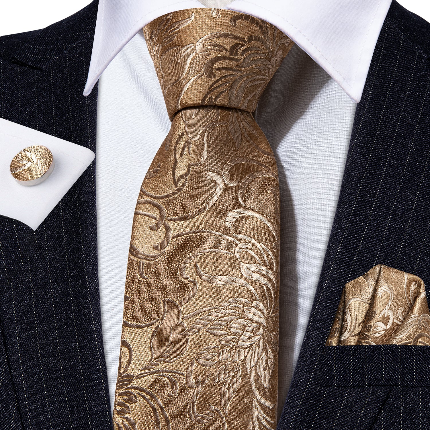 Barry.wang Champagne Tie Gold Floral Tie Pocket Square Cufflinks Set