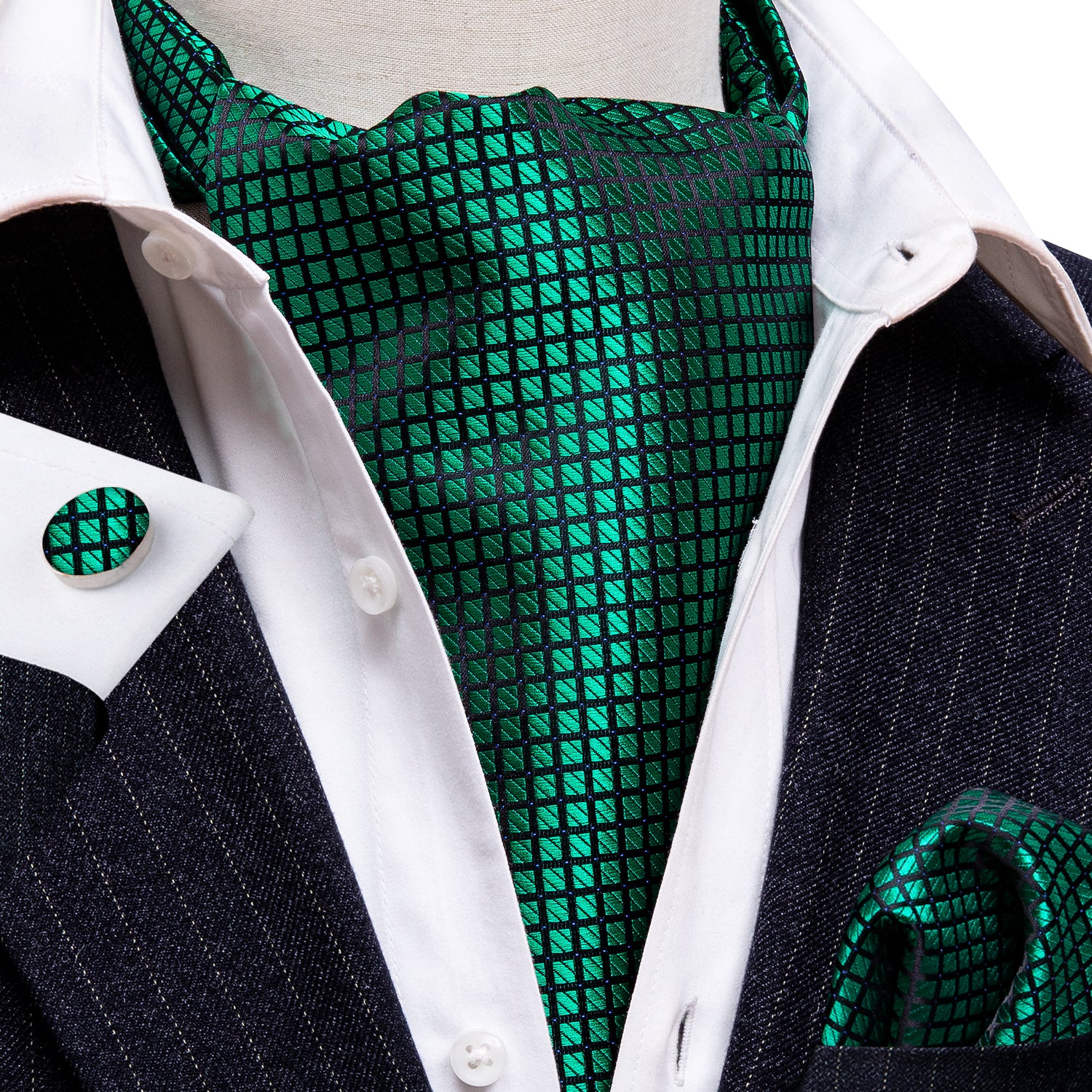 Green Plaid  Ascot Handkerchief Cufflinks