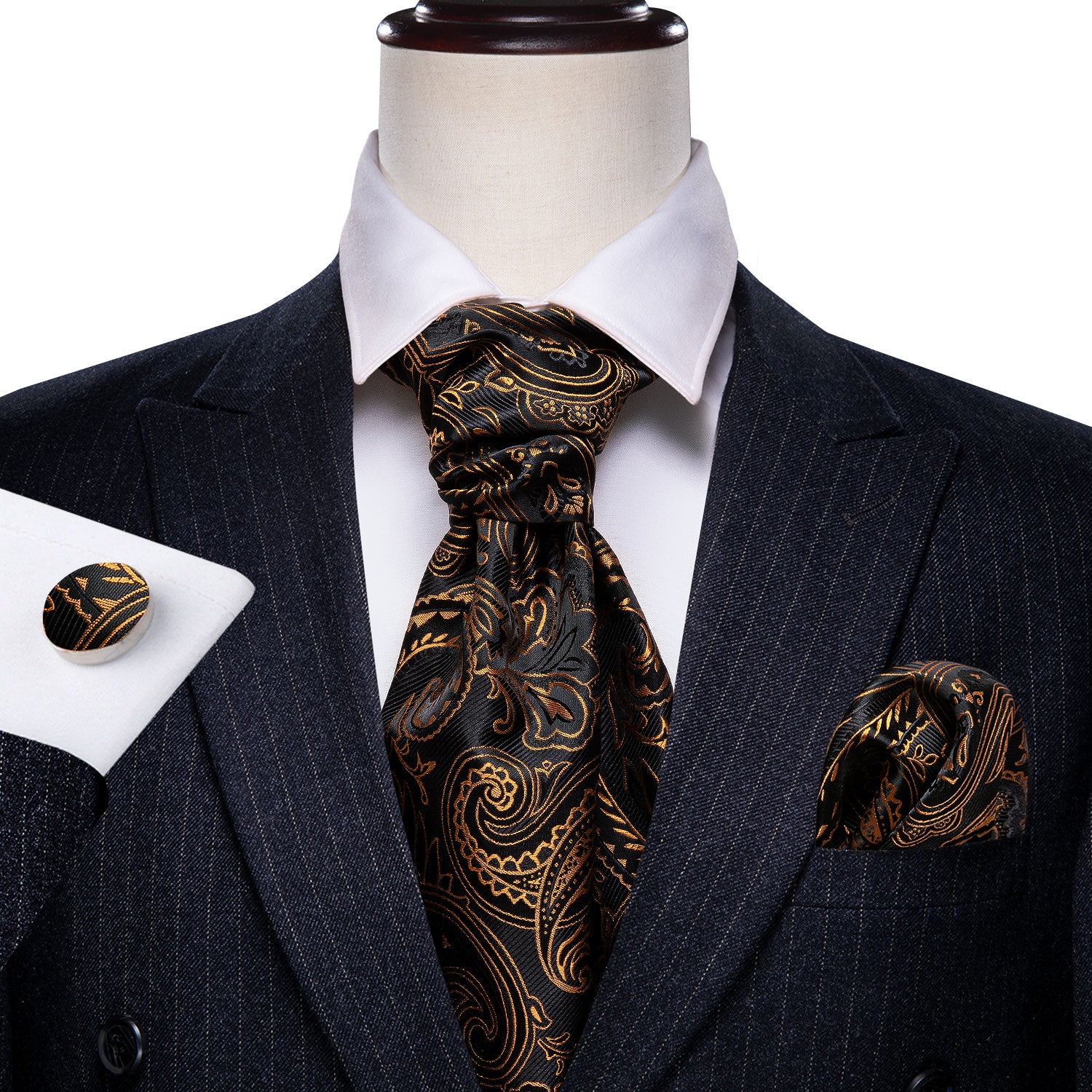 Black Golden Paisley  Ascot Handkerchief Cufflinks