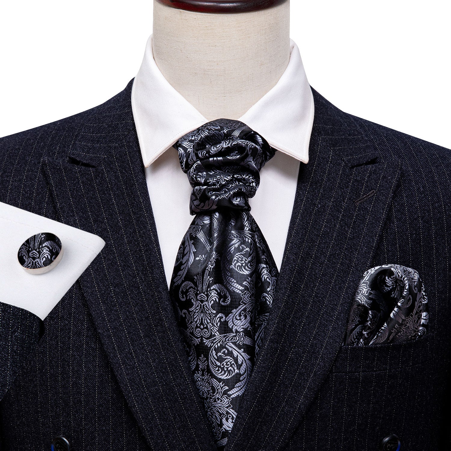 Grey Black Paisley Ascot Handkerchief Cufflinks