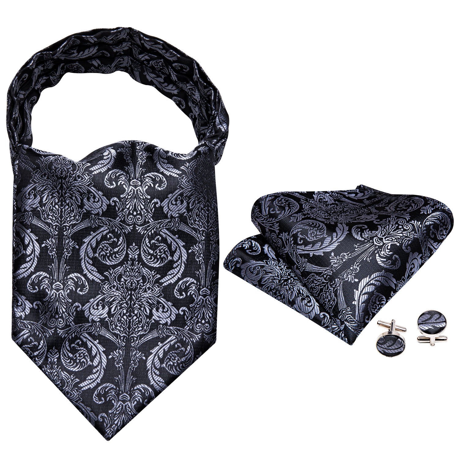Grey Black Paisley Ascot Handkerchief Cufflinks