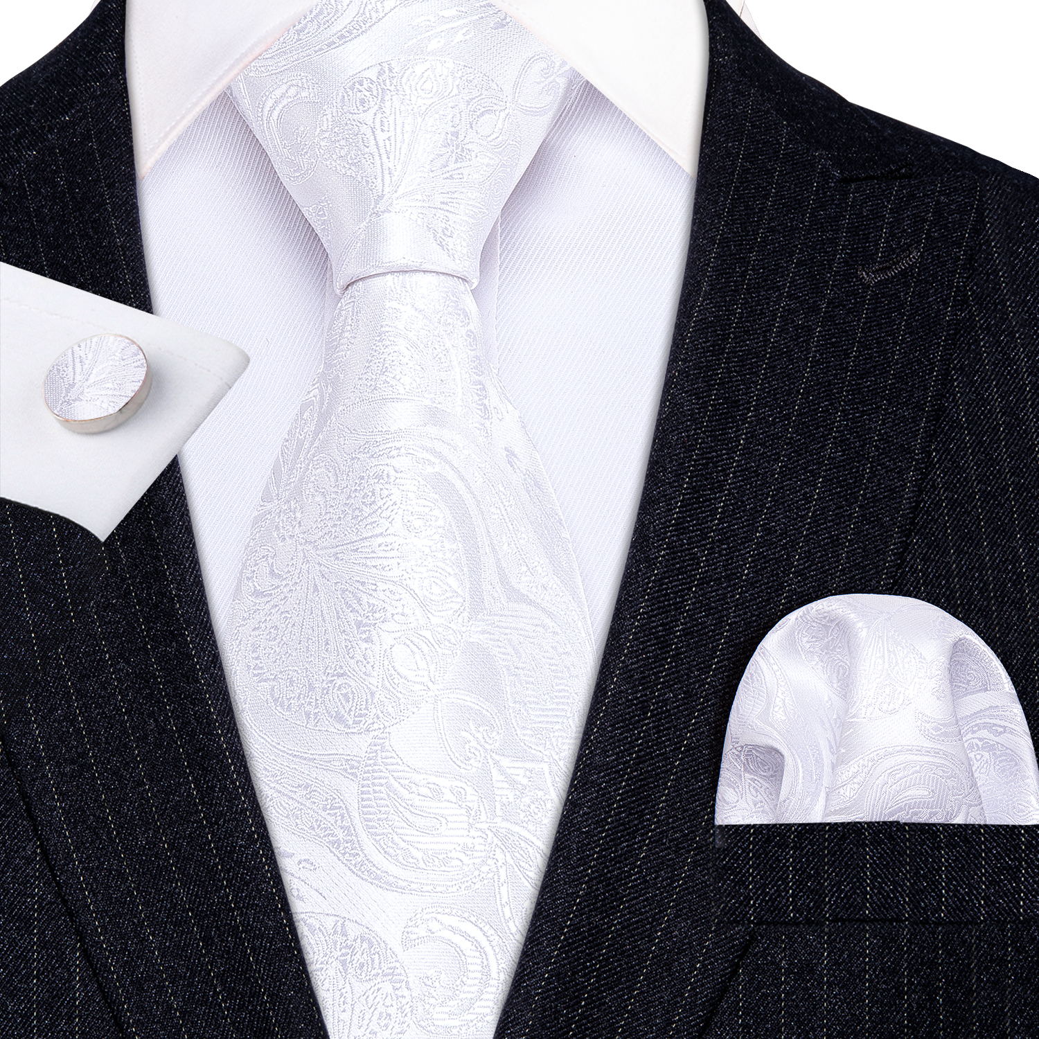 Barry.wang White Tie Paisley Silk Men's Tie Pocket Square Cufflinks Set