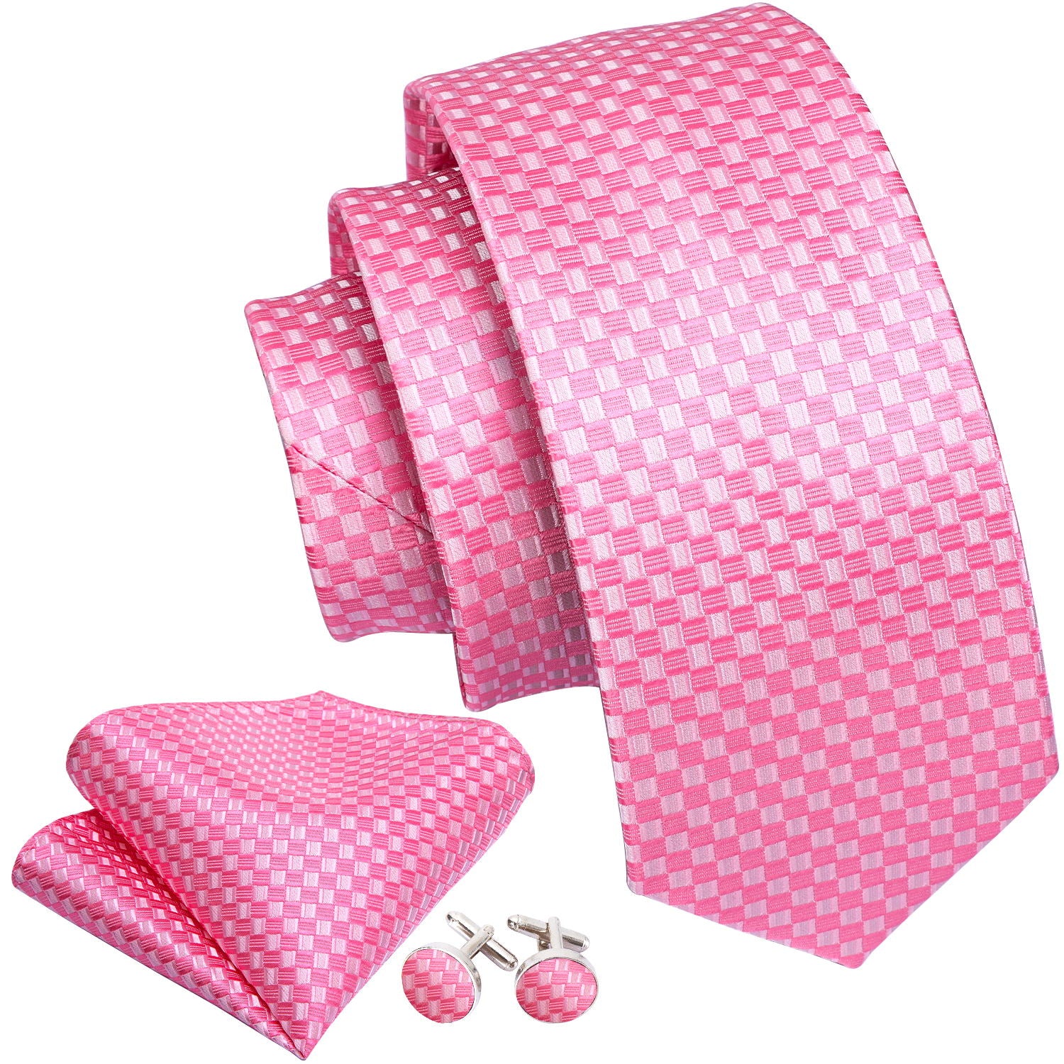 Pink Plaid Silk Men's Tie Pocket Square Cufflinks Set
