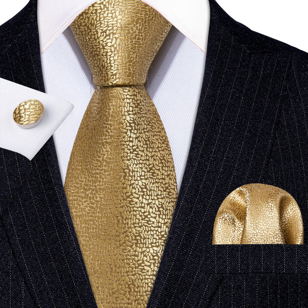 Champagne Golden Solid Tie Pocket Square Cufflinks Set