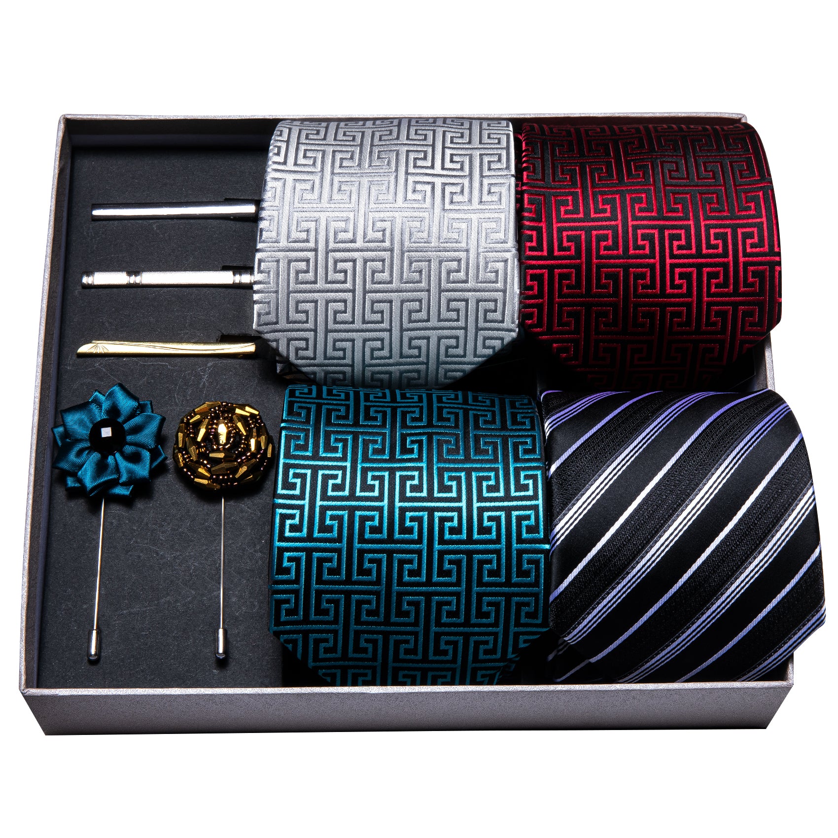 4pcs Men Tie Blue Red Novelty Silk Men Wedding Tie Hanky Clip Lapel Pin Gift Box Set