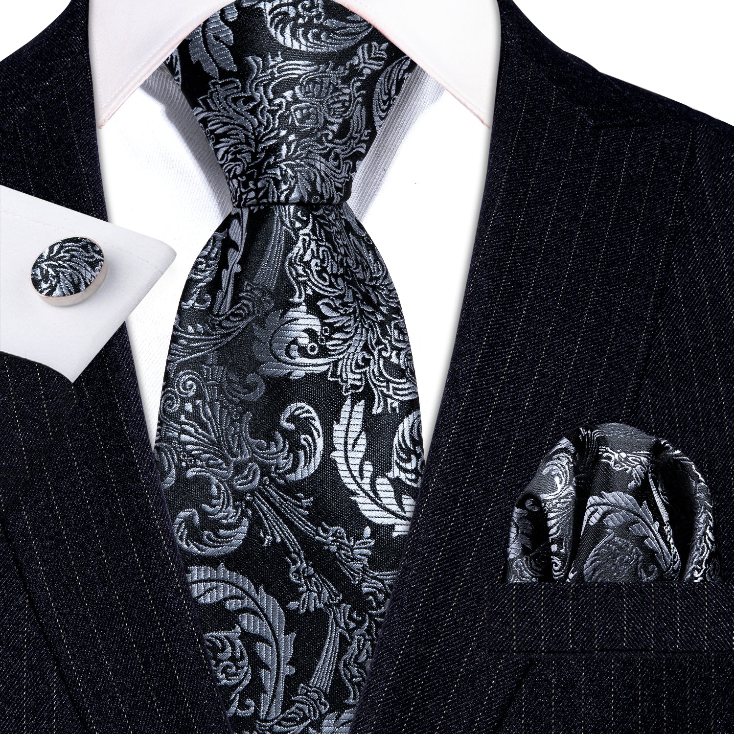 Beautiful Black Grey Floral Tie Pocket Square Cufflinks Set