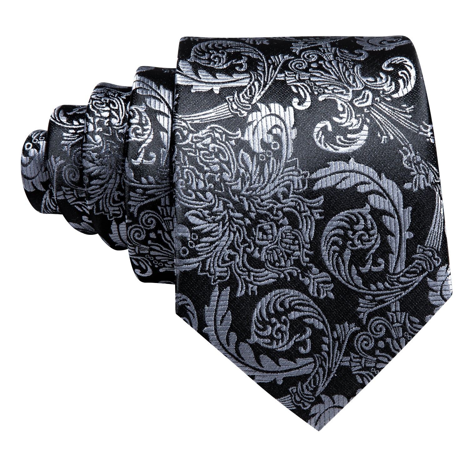 Beautiful Black Grey Floral Tie Pocket Square Cufflinks Set