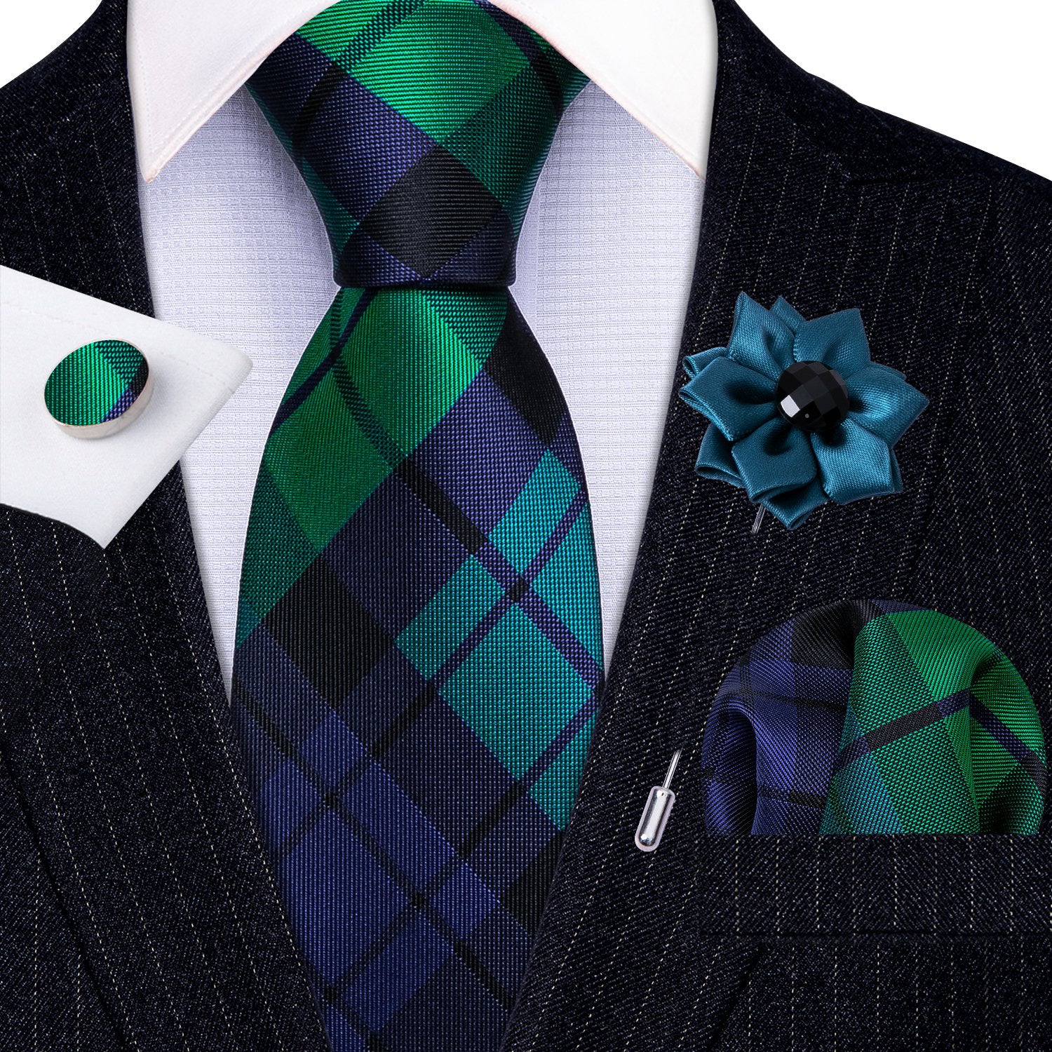 Green blue teal black necktie striped tie on striped suite and white shirt 