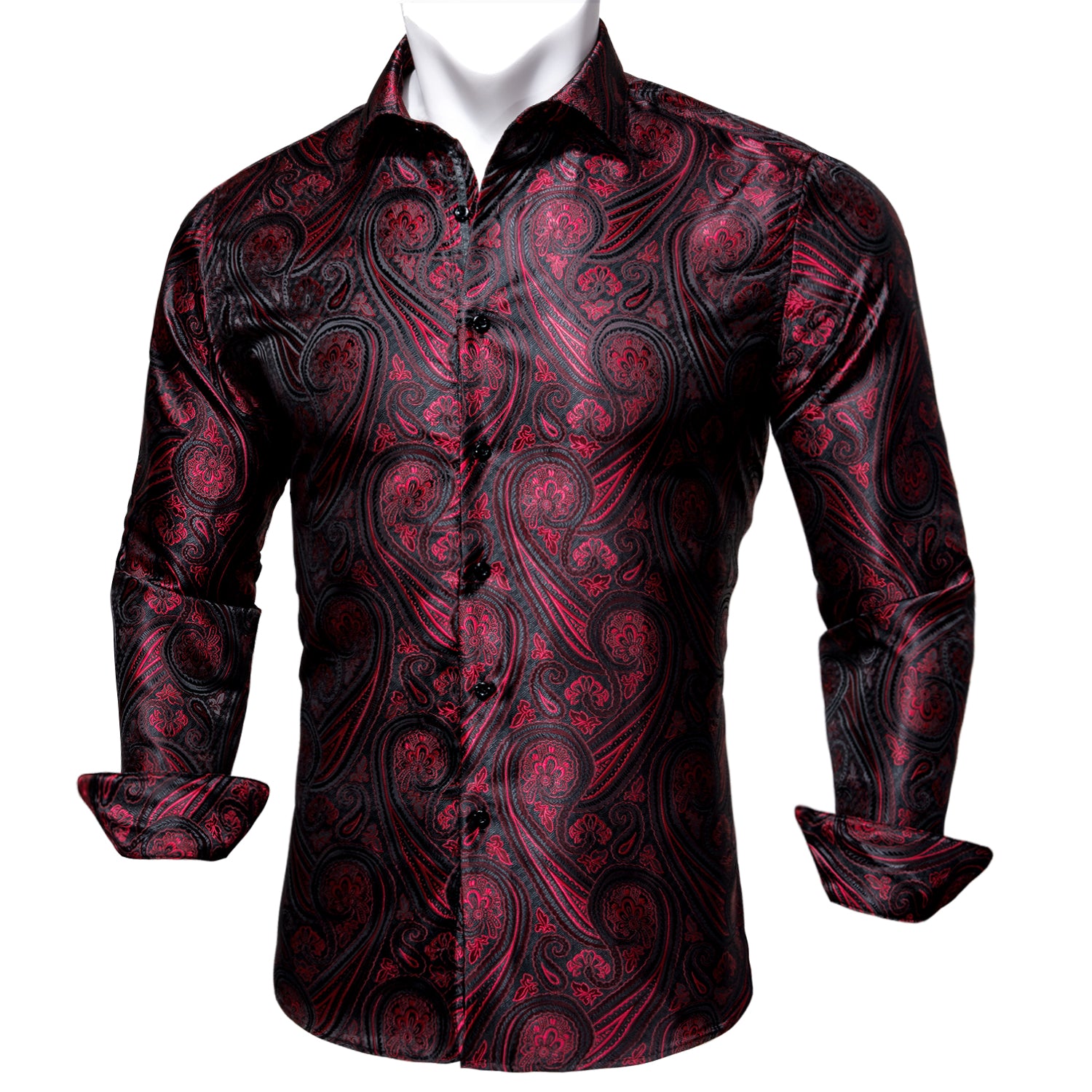 Barry.wang Button Down Shirt Red Black Jacquard Paisley Men's Shirt