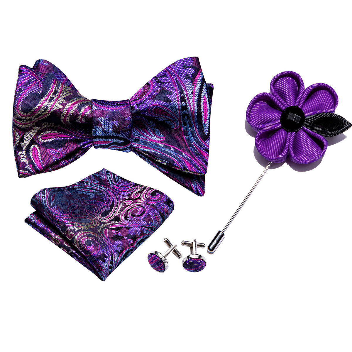 Set Nœud Papillon Et Pochette En Tissu Floral Violet - Style Vintage Années 70 - Fait Main