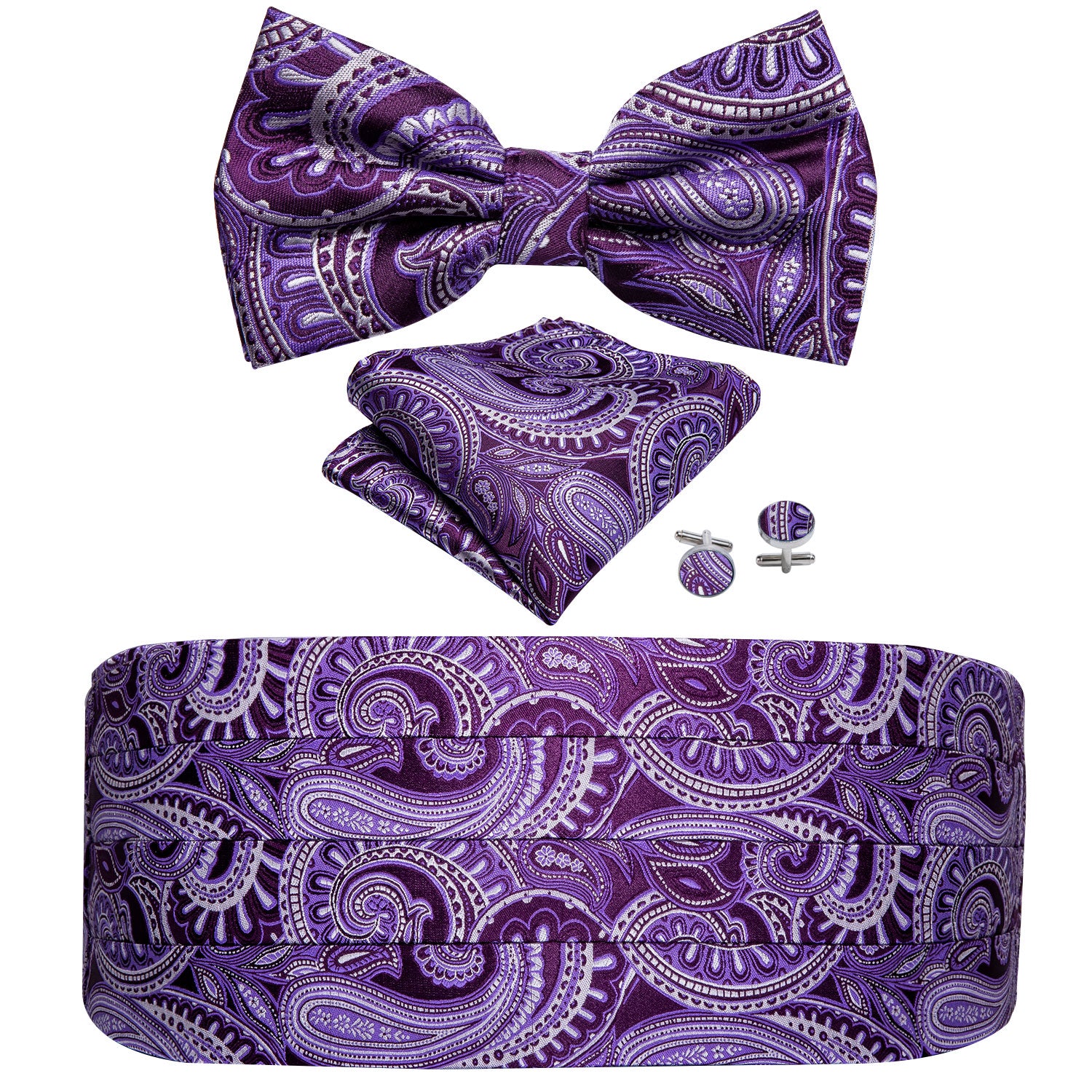 Light Purple Paisley Cummerbund Bow tie Handkerchief Cufflinks Set