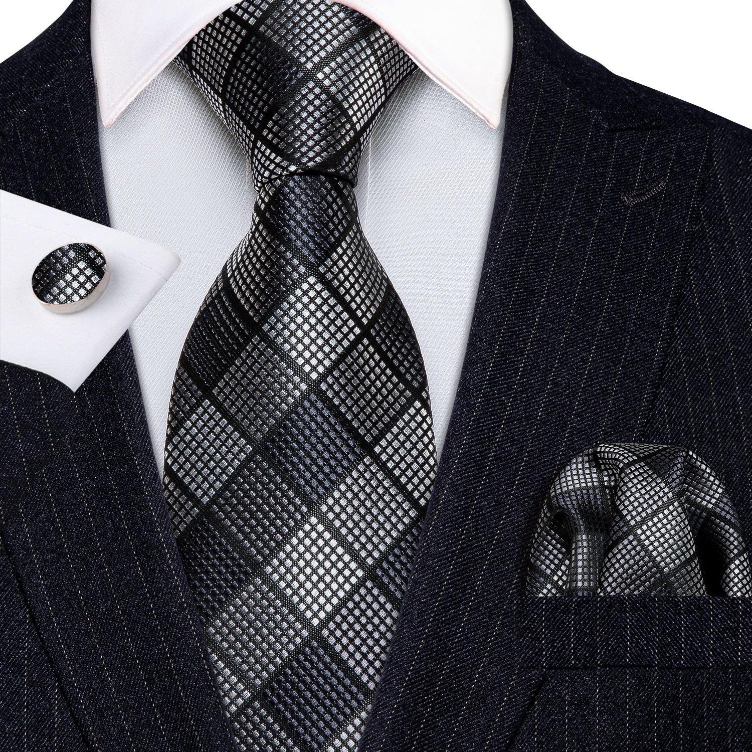 Barry.Wang Black Tie White Plaid Men's Tie Pocket Square Cufflinks Set