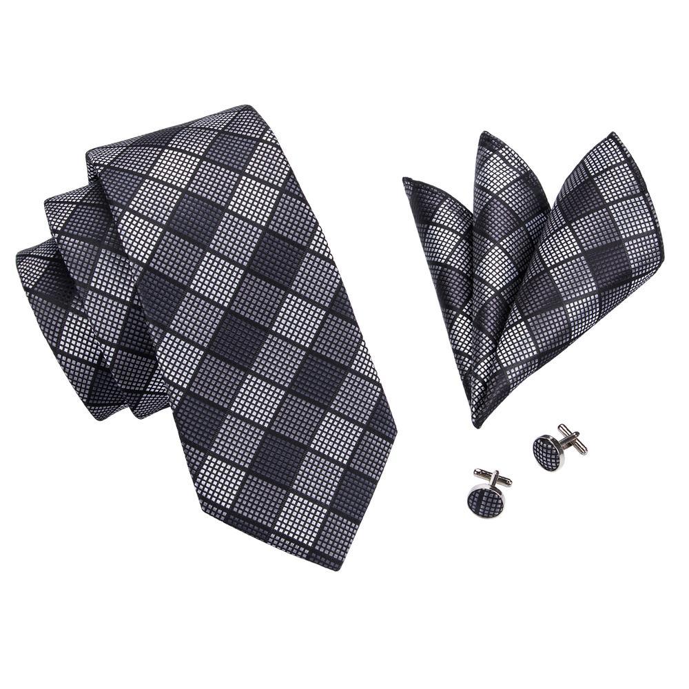 Black White Plaid Tie Pocket Square Cufflinks Set - barry-wang