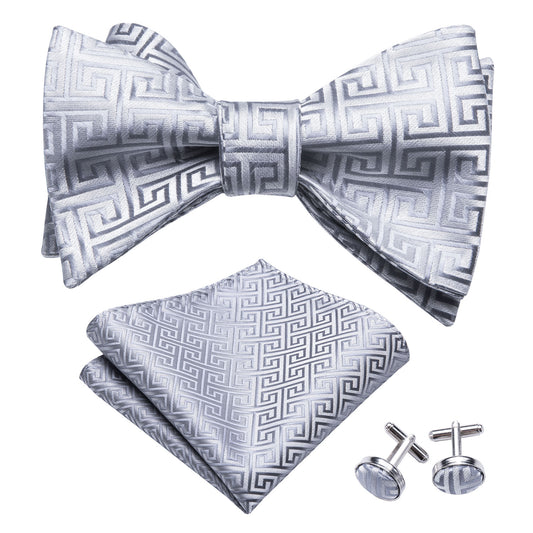 Barry. Wang Silver Bowtie Set for Men Novetly Plaid Self-tied Silk Bow Tie Hanky Cufflinks Set for Formal