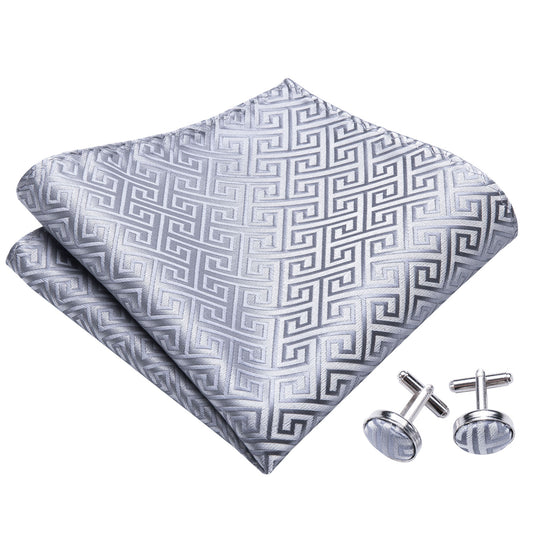 Barry. Wang Silver Bowtie Set for Men Novetly Plaid Self-tied Silk Bow Tie Hanky Cufflinks Set for Formal