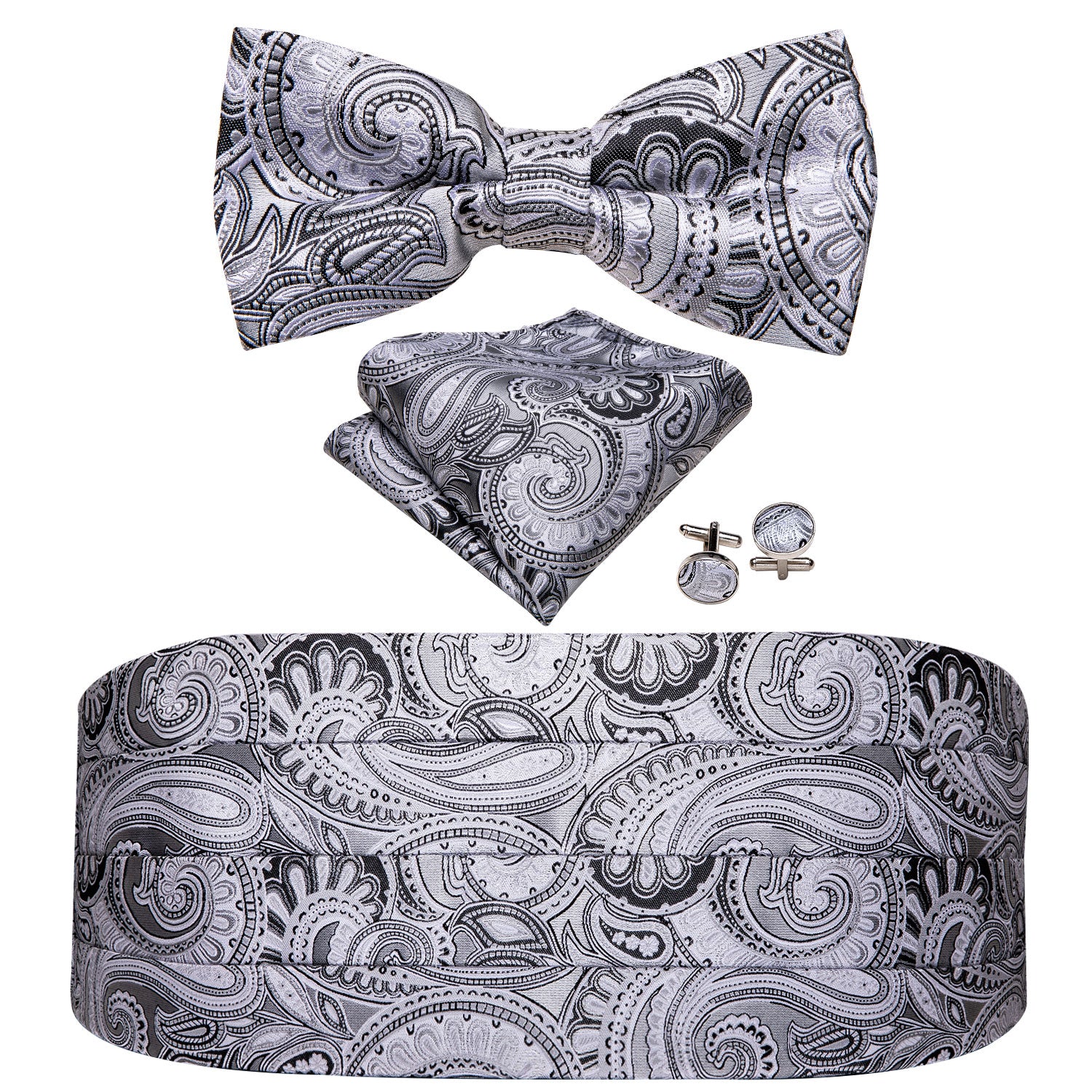 Gray Paisley Cummerbund  Bow tie Handkerchief Cufflinks Set