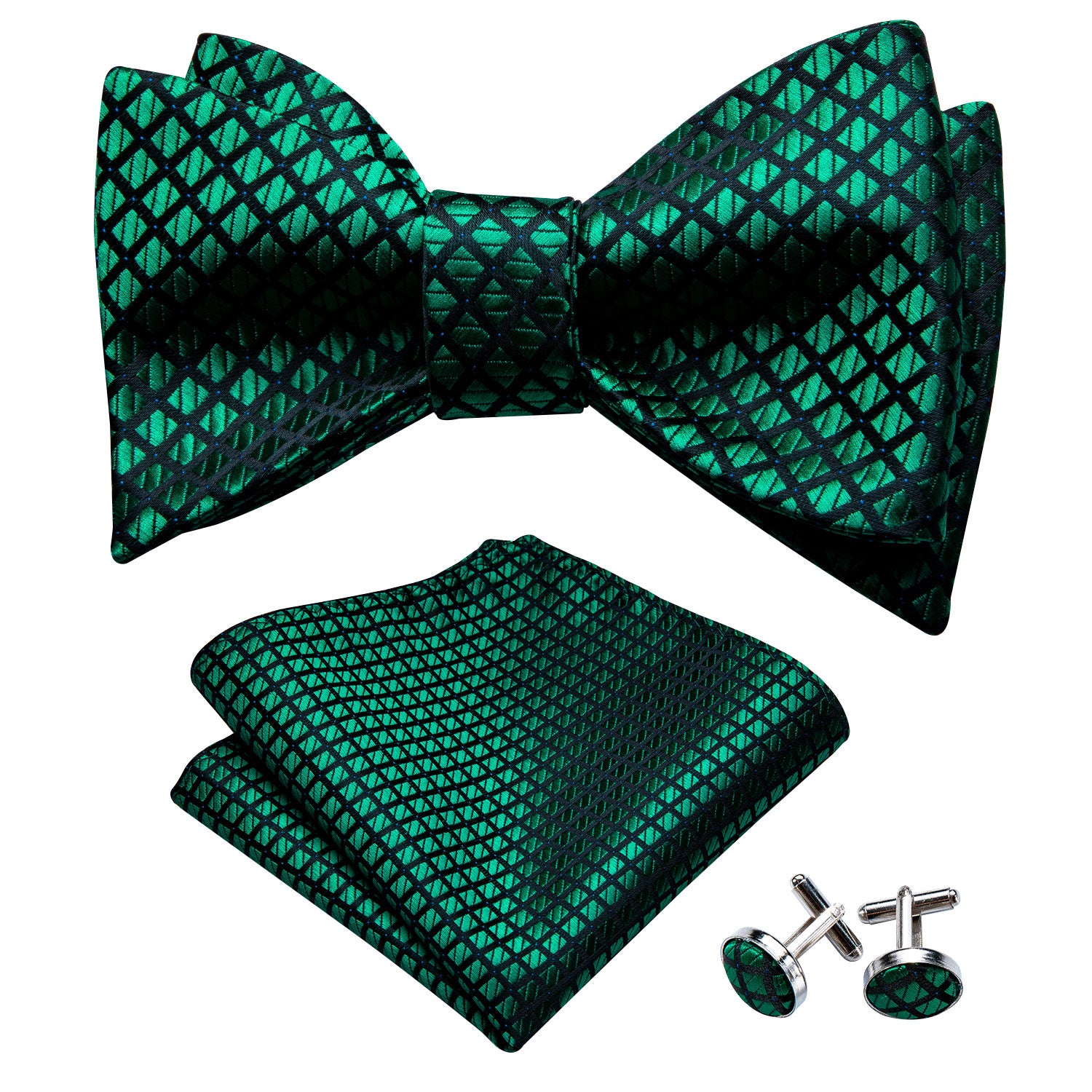 Green Plaid Self Tie Bow Tie Hanky Cufflinks Set