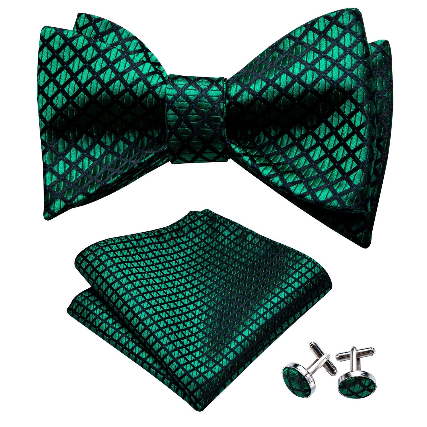 Green Plaid Silk Self-tied Bow Tie Hanky Cufflinks Set