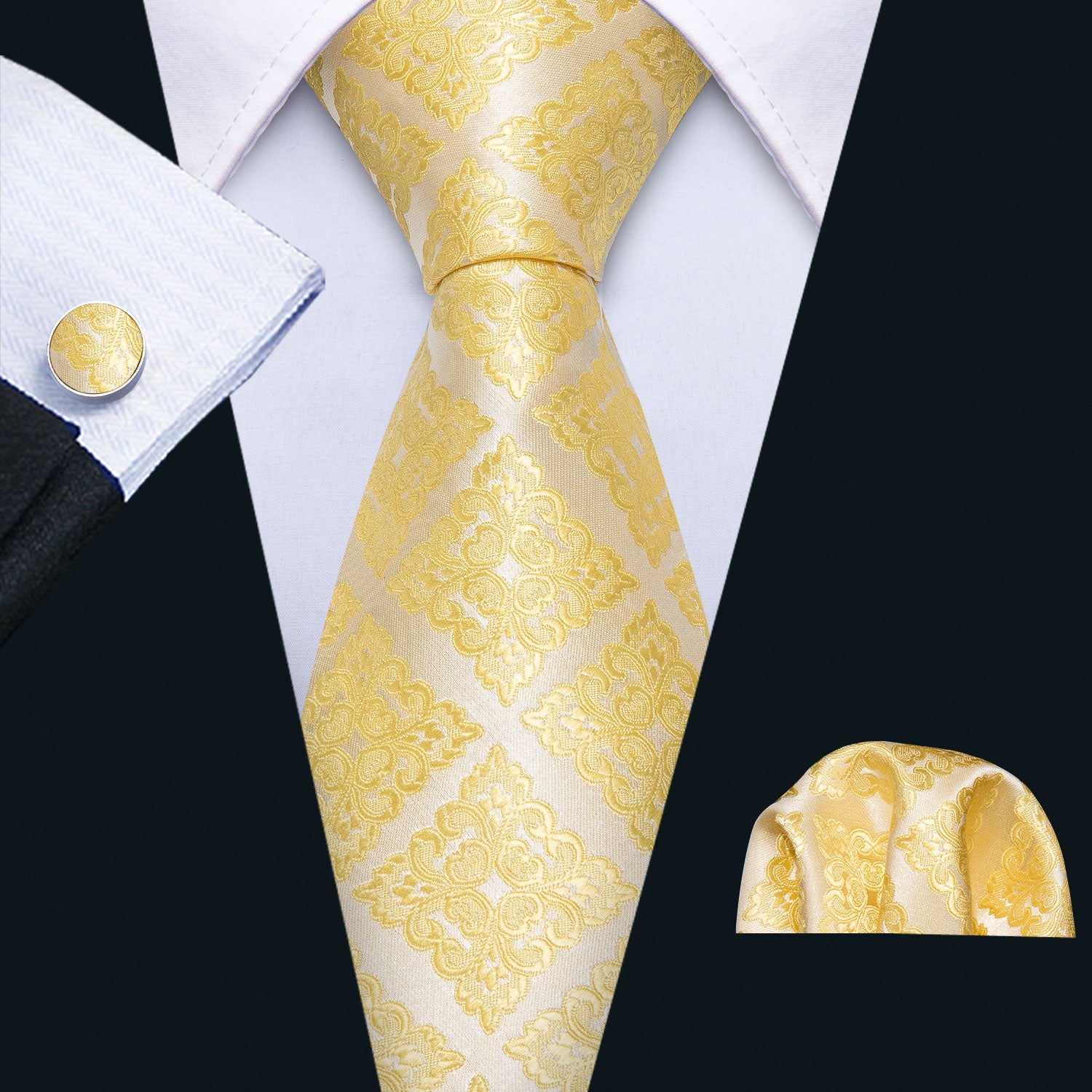 Golden Floral Tie Pocket Square Cufflinks Set