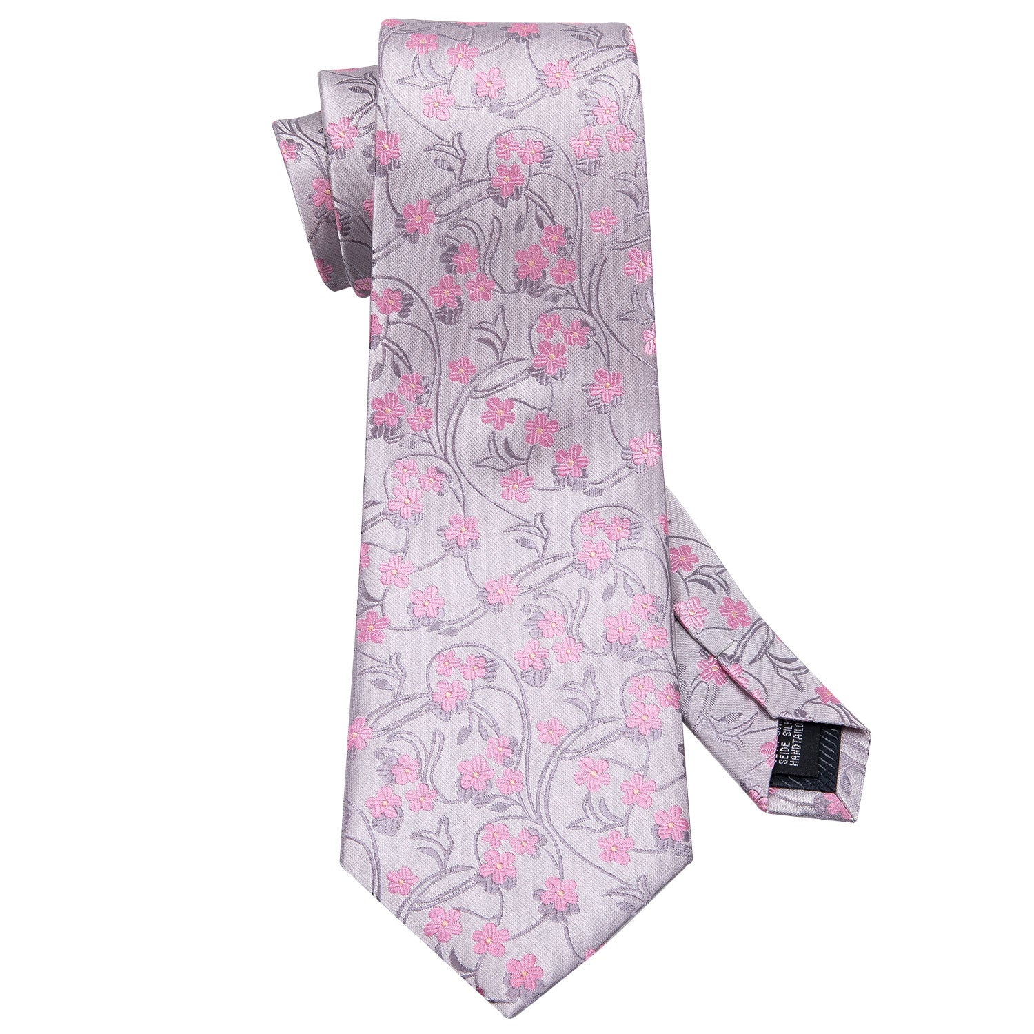 Silver Pink Floral Tie Pocket Square Cufflinks Set
