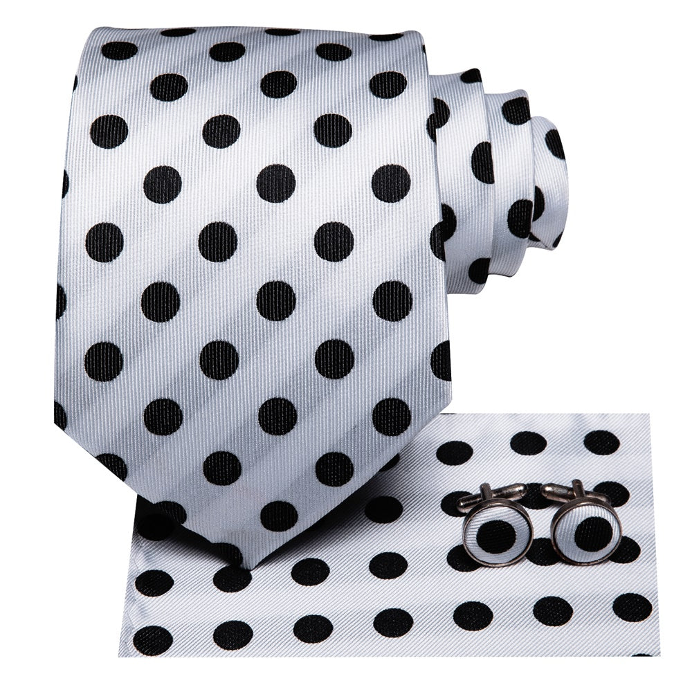 Black White Polka Dot Tie Pocket Square Cufflinks Set