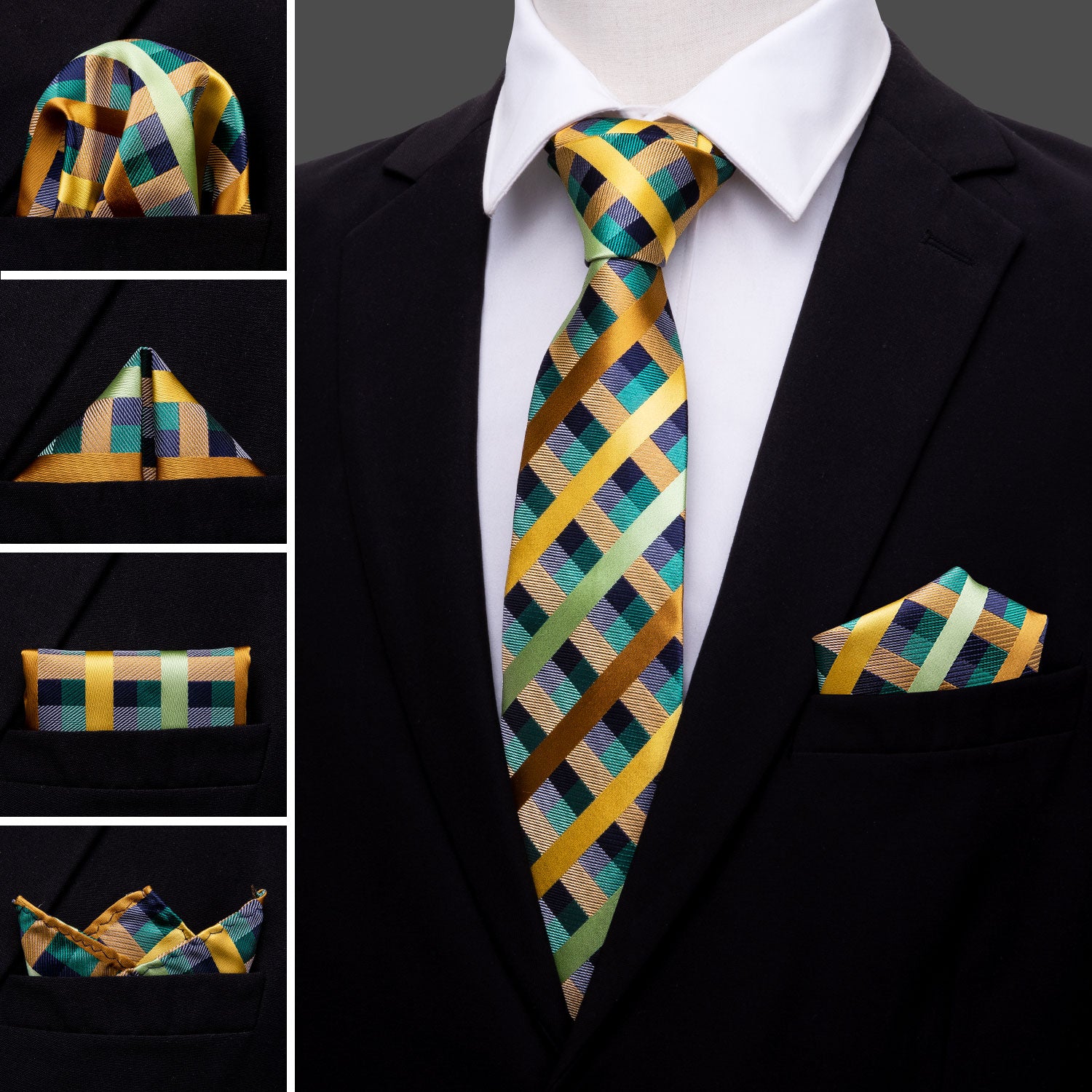 Green Yellow Plaid Tie Pocket Square Cufflinks Set