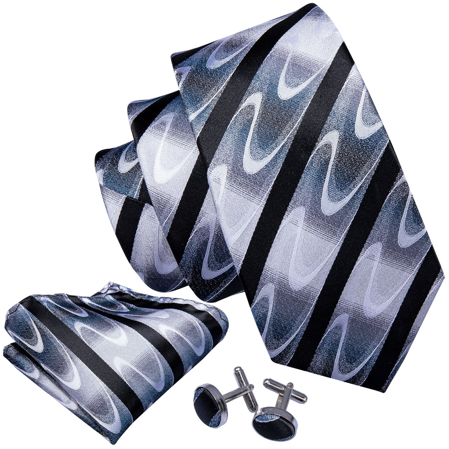 Black White Wave Striped Silk Tie Pocket Square Cufflinks Set