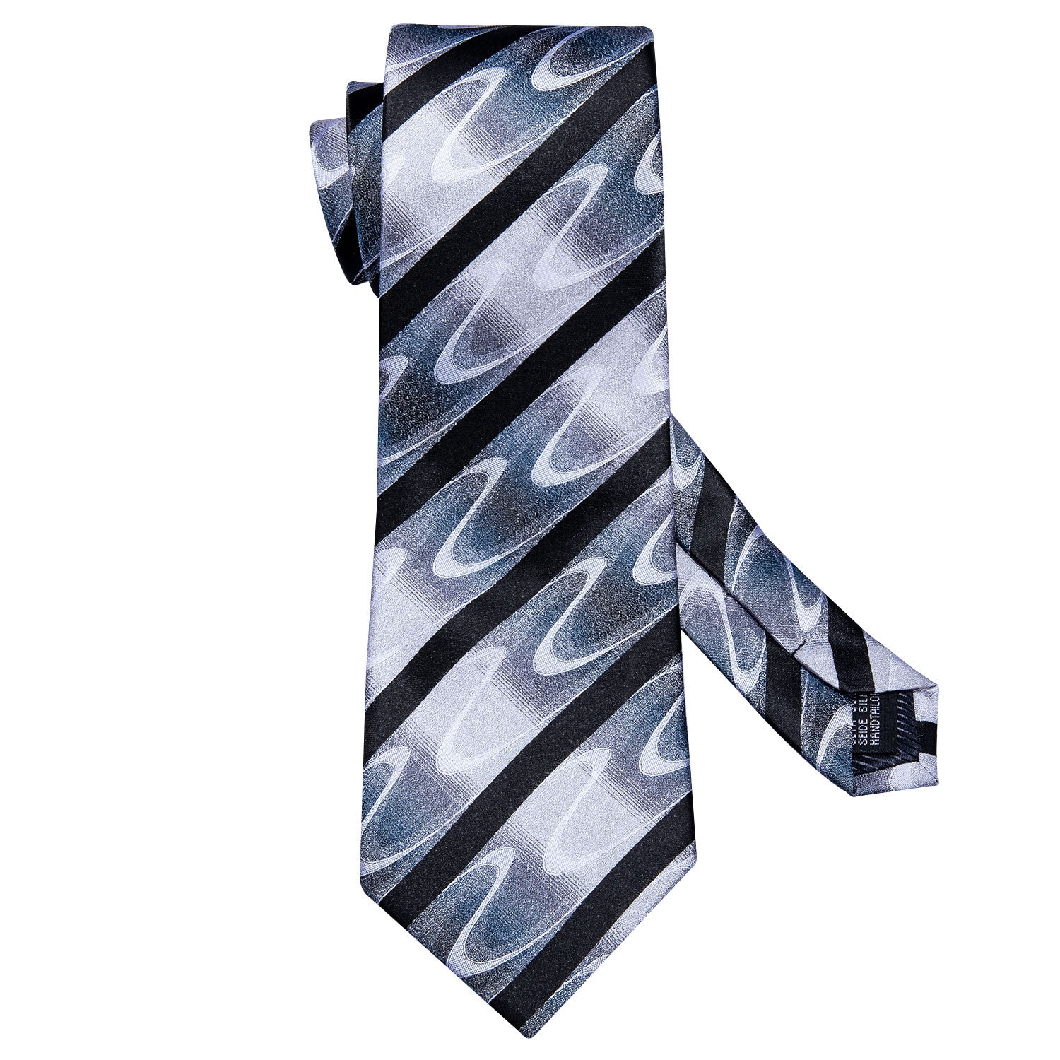 Black White Wave Striped Silk Tie Pocket Square Cufflinks Set