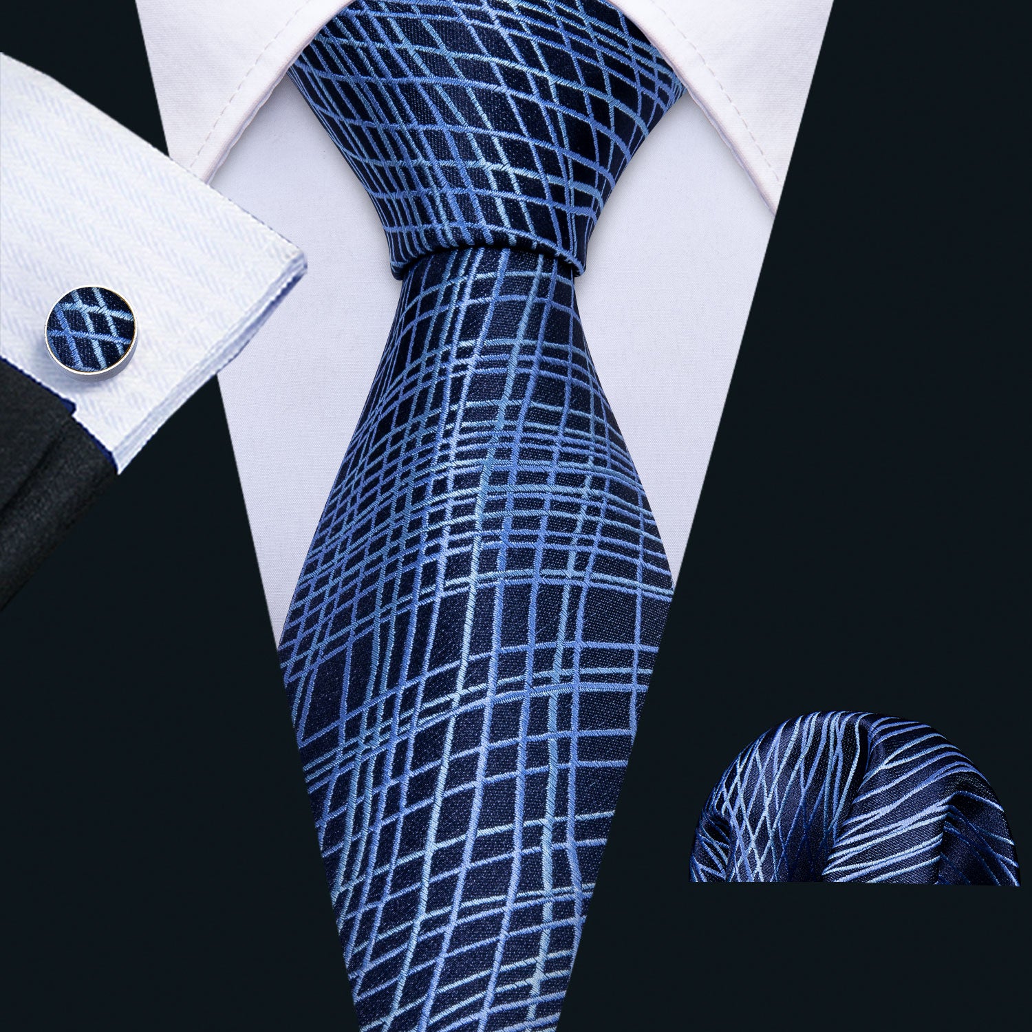 Blue Novelty Silk Tie Hanky Cufflinks Set