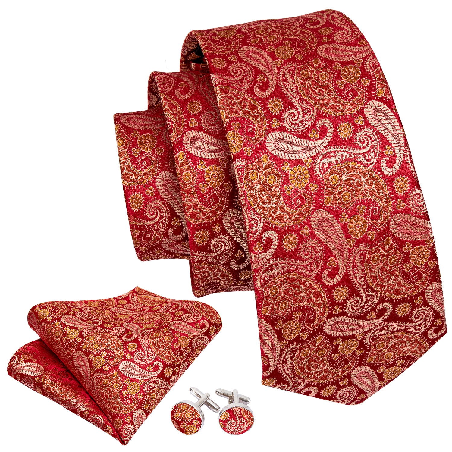 Red Paisley Silk Men's Tie Pocket Square Cufflinks Set