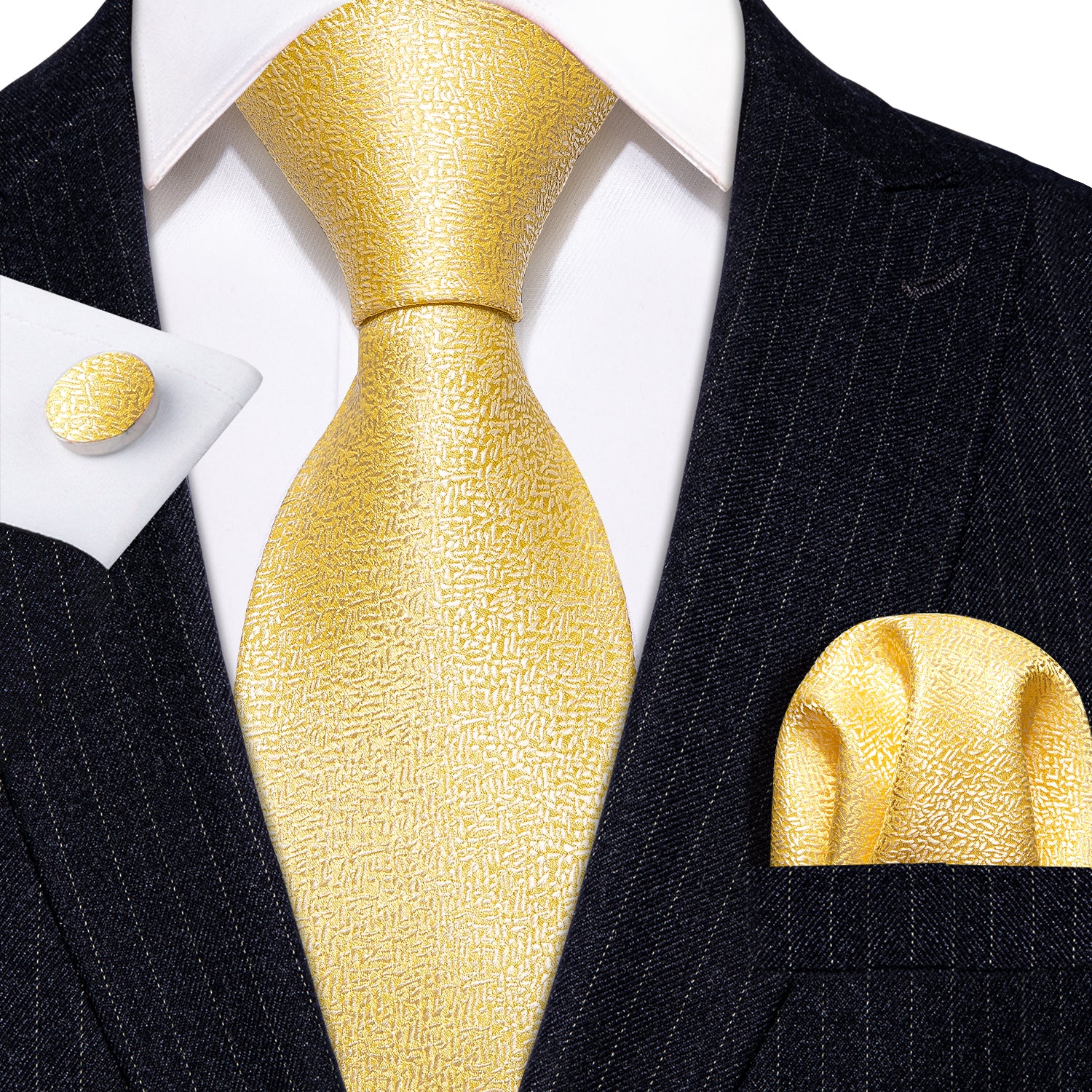 Golden Solid Silk Men's Tie Pocket Square Cufflinks Set