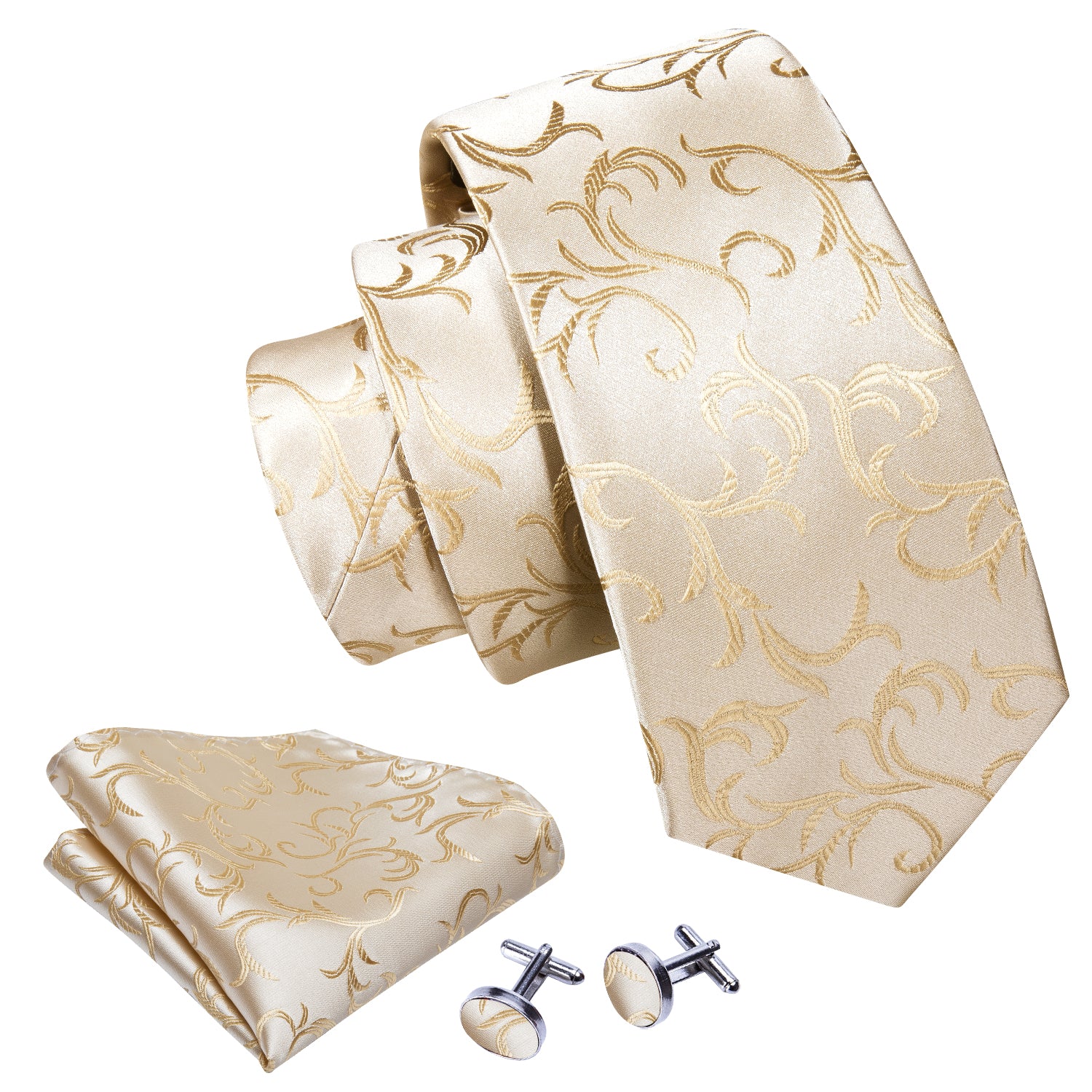 Champagne Silver Floral Tie Pocket Square Cufflinks Set