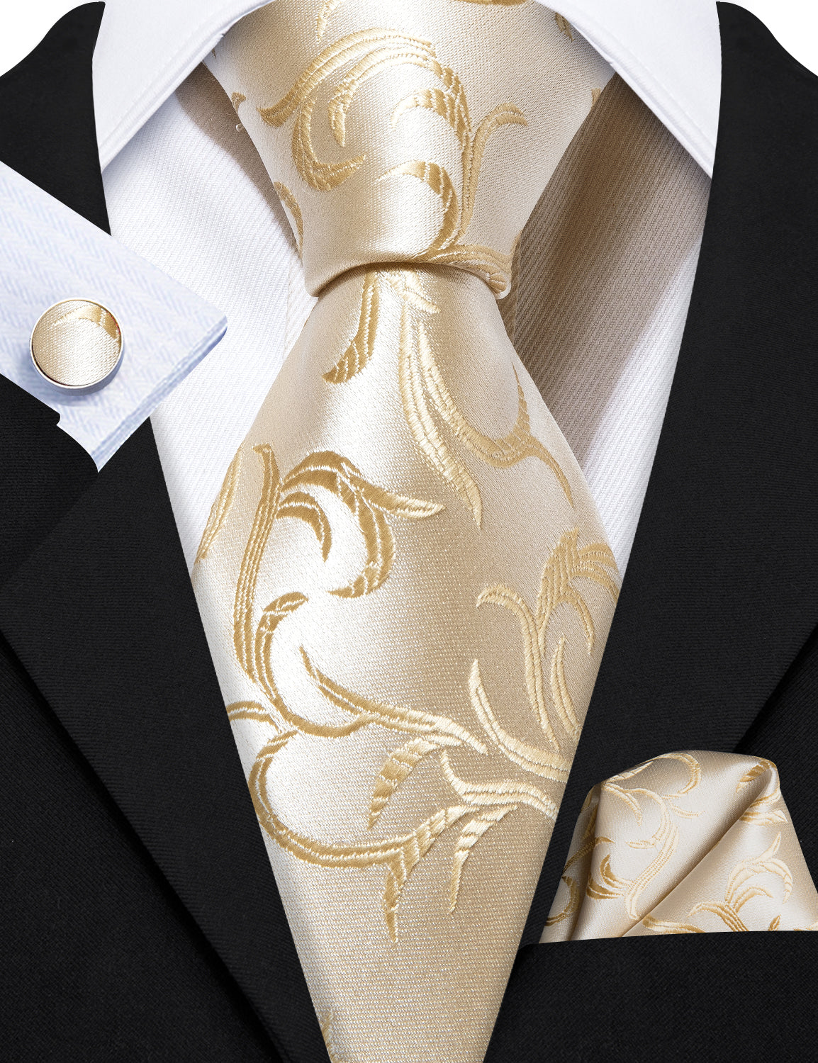 Barry.wang Floral Tie Champagne Silver Tie Pocket Square Cufflinks Set
