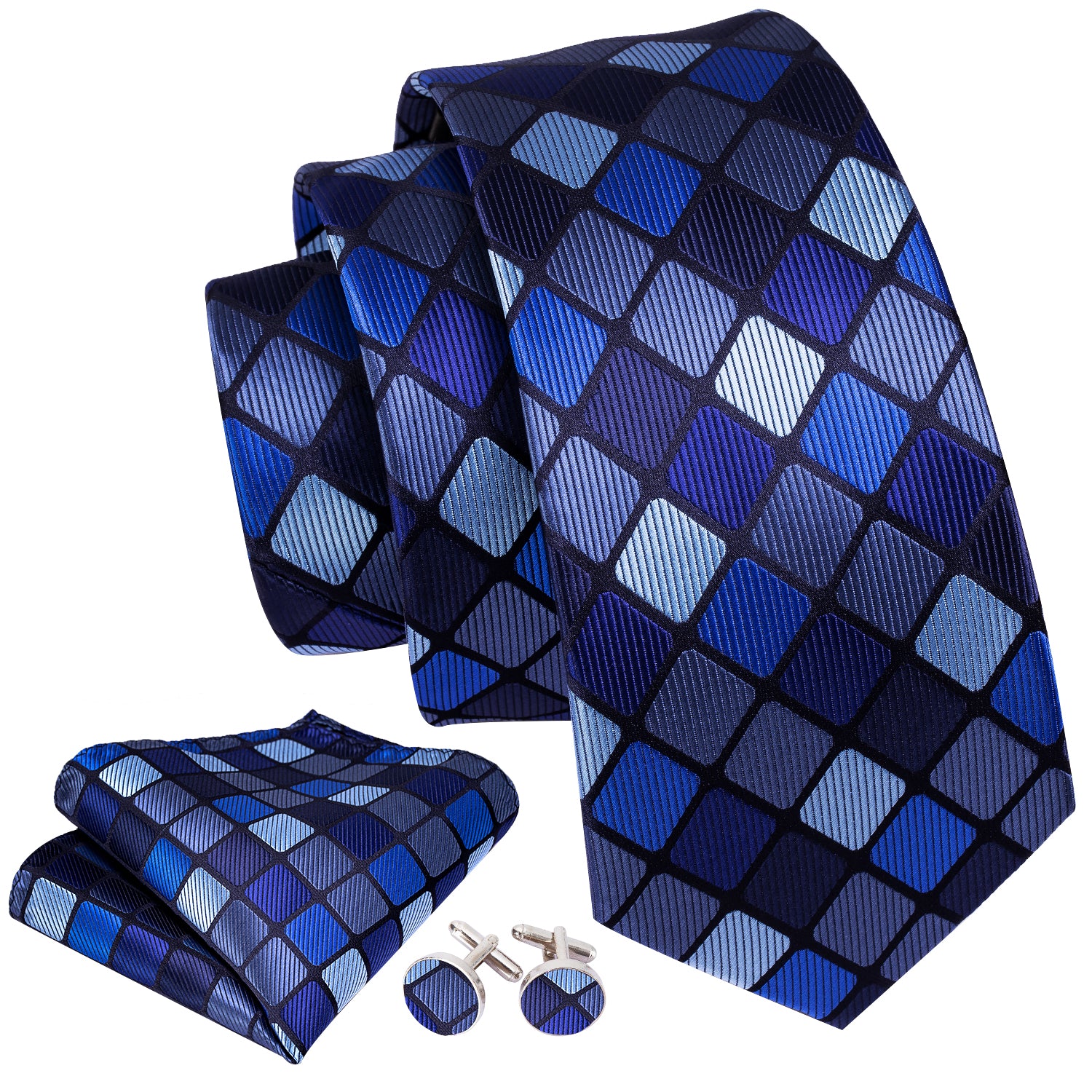  Men's Navy Blue Necktie Plaid Silk Tie Hanky Cufflinks Set