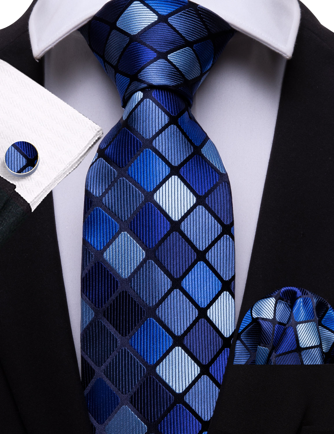 Men's Navy Blue Necktie Plaid Silk Tie Hanky Cufflinks Set