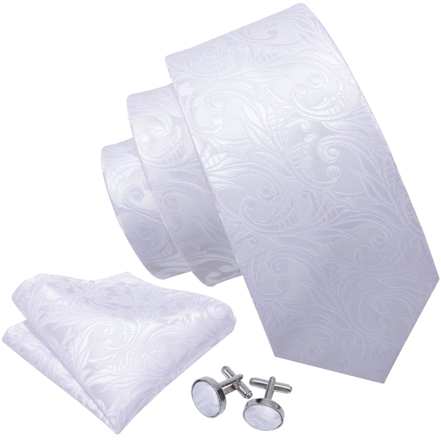 Silver White Floral Tie Pocket Square Cufflinks Set