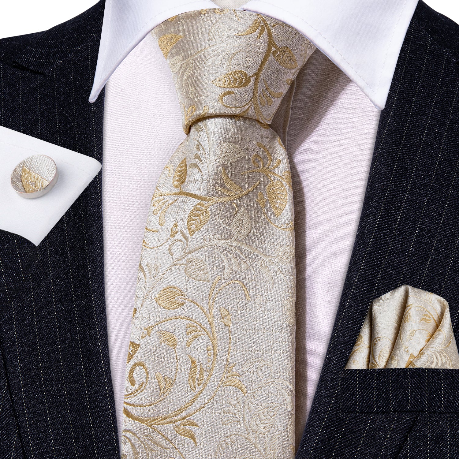 Barry.wang Champagne Tie Golden Floral Tie Pocket Square Cufflinks Set