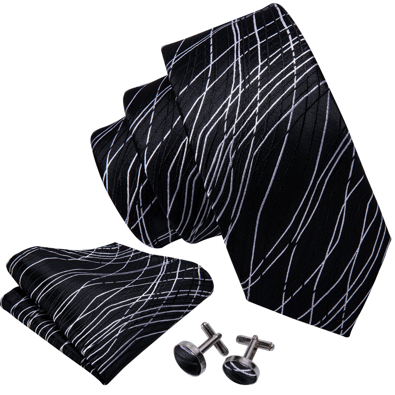 Black White Novelty Silk Tie Hanky Cufflinks Set