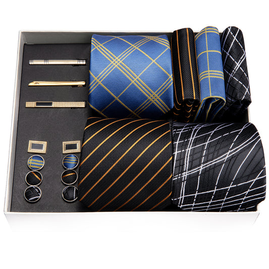 Blue Black Golden Striped Silk Wedding Necktie Gift Box Set