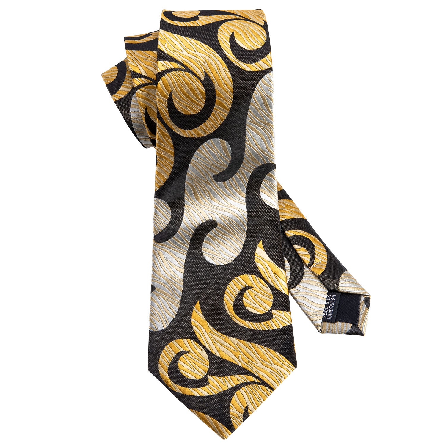 Black Yellow Novelty Silk Tie Hanky Cufflinks Set for Men