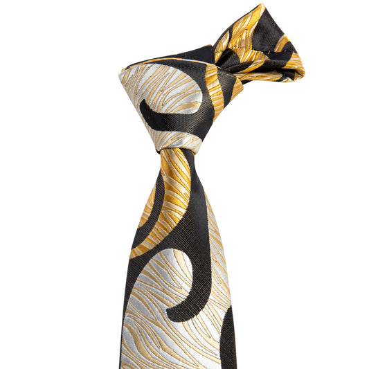 Black Yellow Novelty Silk Tie Hanky Cufflinks Set for Men